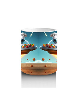 Çocuklara Sütü Sevdiren Uçan Donut ve Şef Fareli Uzay Gemisi Desenli Kupa Bardak