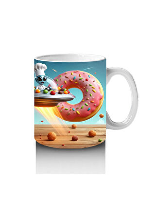 Çocuklara Sütü Sevdiren Uçan Donut ve Şef Fareli Uzay Gemisi Desenli Kupa Bardak