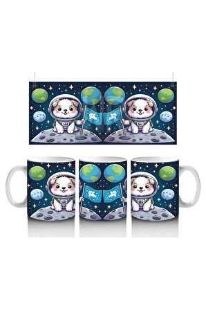 Çocuklara Sütü Sevdiren Uzayda Bayrak Diken Sevimli Köpek Desenli Kupa Bardak