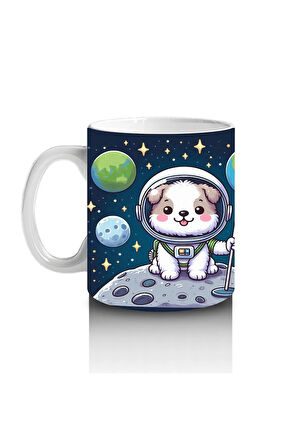 Çocuklara Sütü Sevdiren Uzayda Bayrak Diken Sevimli Köpek Desenli Kupa Bardak