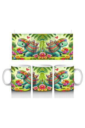 Çocuklara Sütü Sevdiren Çiçekli Kalpli Sevimli Dinozor Desenli Kupa Bardak