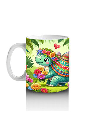 Çocuklara Sütü Sevdiren Çiçekli Kalpli Sevimli Dinozor Desenli Kupa Bardak