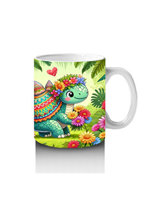 Çocuklara Sütü Sevdiren Çiçekli Kalpli Sevimli Dinozor Desenli Kupa Bardak