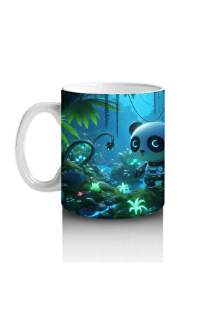 Çocuklara Sütü Sevdiren Gece Ormanında Işıklarla Parlayan Robotik Panda Desenli Kupa Bardak