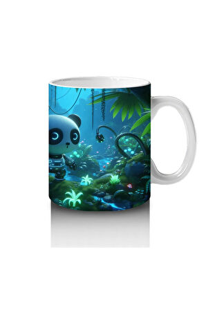 Çocuklara Sütü Sevdiren Gece Ormanında Işıklarla Parlayan Robotik Panda Desenli Kupa Bardak