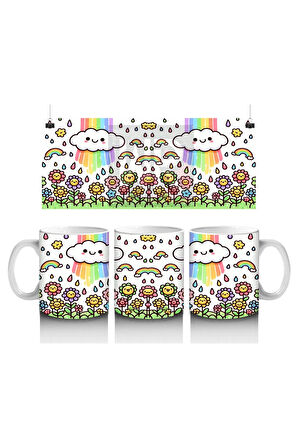 Çocuklara Sütü Sevdiren Gökkuşağı Yağmurlu Gülümseyen Bulut ve Çiçekler Desenli Kupa Bardak