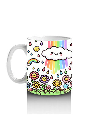 Çocuklara Sütü Sevdiren Gökkuşağı Yağmurlu Gülümseyen Bulut ve Çiçekler Desenli Kupa Bardak