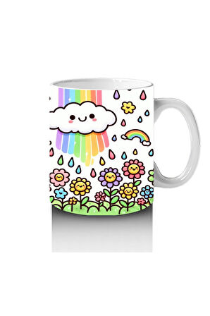 Çocuklara Sütü Sevdiren Gökkuşağı Yağmurlu Gülümseyen Bulut ve Çiçekler Desenli Kupa Bardak