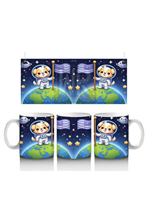 Çocuklara Sütü Sevdiren Dünyaya Bayrak Diken Astronot Köpek Desenli Kupa Bardak