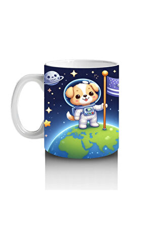 Çocuklara Sütü Sevdiren Dünyaya Bayrak Diken Astronot Köpek Desenli Kupa Bardak