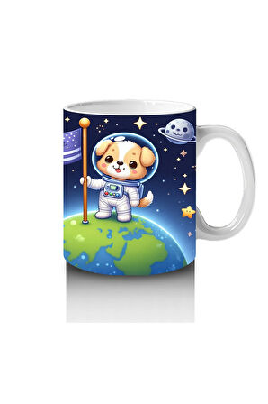 Çocuklara Sütü Sevdiren Dünyaya Bayrak Diken Astronot Köpek Desenli Kupa Bardak