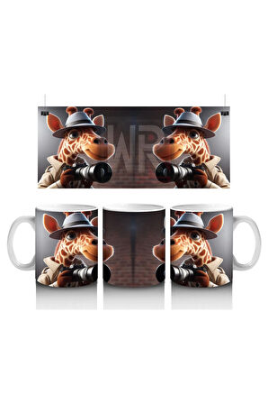 Çocuklara Sütü Sevdiren Dedektif Şapkalı Fotoğrafçı Zürafa Desenli Kupa Bardak