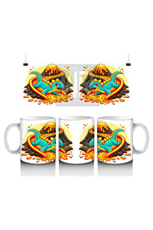 Çocuklara Sütü Sevdiren Lav Kaydırağında Kayarken Neşelenen Dinozor Desenli Kupa Bardak