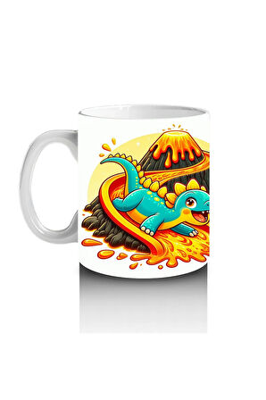 Çocuklara Sütü Sevdiren Lav Kaydırağında Kayarken Neşelenen Dinozor Desenli Kupa Bardak