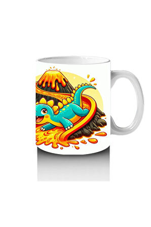 Çocuklara Sütü Sevdiren Lav Kaydırağında Kayarken Neşelenen Dinozor Desenli Kupa Bardak