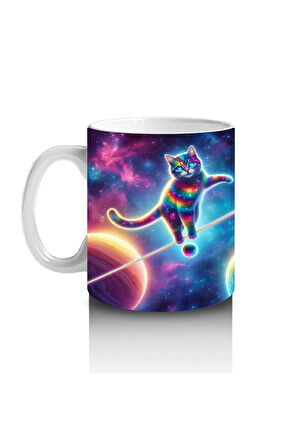 Çocuklara Sütü Sevdiren Uzayda İp Üstünde Yürüyen Gökkuşağı Kedisi Desenli Kupa Bardak