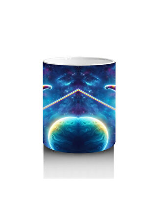 Çocuklara Sütü Sevdiren Uzayda İp Üstünde Yürüyen Gökkuşağı Kedisi Desenli Kupa Bardak