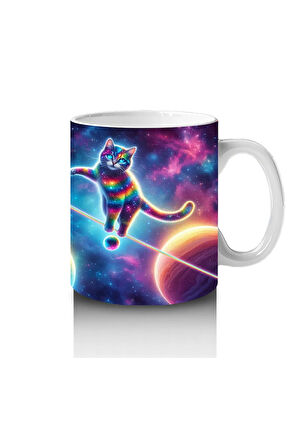 Çocuklara Sütü Sevdiren Uzayda İp Üstünde Yürüyen Gökkuşağı Kedisi Desenli Kupa Bardak