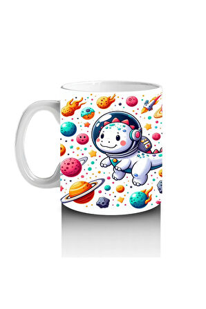 Çocuklara Sütü Sevdiren Astronot Kasklı Sevimli Dinozor Desenli Kupa Bardak