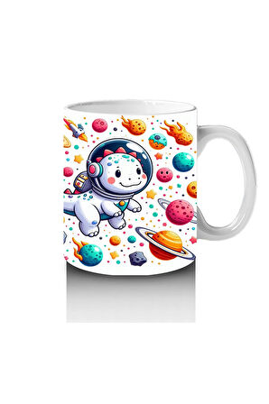 Çocuklara Sütü Sevdiren Astronot Kasklı Sevimli Dinozor Desenli Kupa Bardak