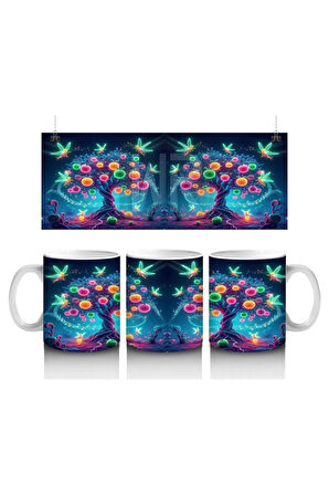 Çocuklara Sütü Sevdiren Işıltılı Peri Kuşları ve Masal Ağacı Desenli Kupa Bardak