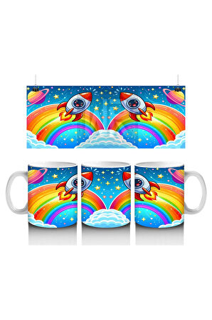 Çocuklara Sütü Sevdiren Gökkuşağı ve Roketli Uzay Macerası Desenli Kupa Bardak