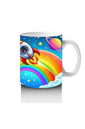 Çocuklara Sütü Sevdiren Gökkuşağı ve Roketli Uzay Macerası Desenli Kupa Bardak