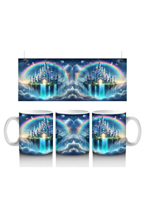 Çocuklara Sütü Sevdiren Gökkuşağı ve Büyülü Şato Desenli Kupa Bardak