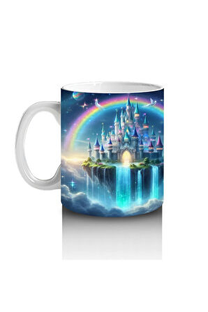 Çocuklara Sütü Sevdiren Gökkuşağı ve Büyülü Şato Desenli Kupa Bardak