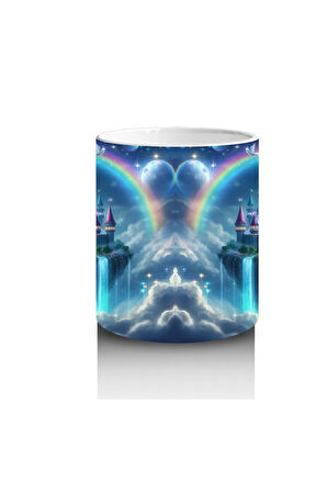 Çocuklara Sütü Sevdiren Gökkuşağı ve Büyülü Şato Desenli Kupa Bardak