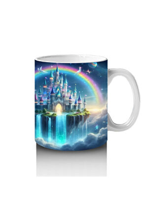 Çocuklara Sütü Sevdiren Gökkuşağı ve Büyülü Şato Desenli Kupa Bardak