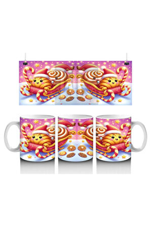 Çocuklara Sütü Sevdiren Noel Şapkalı Tatlı Kediler ve Kurabiye Desenli Kupa Bardak