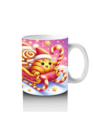 Çocuklara Sütü Sevdiren Noel Şapkalı Tatlı Kediler ve Kurabiye Desenli Kupa Bardak