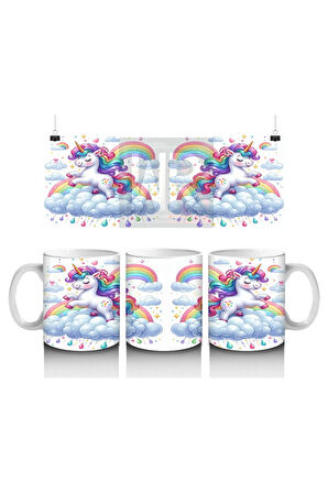 Çocuklara Sütü Sevdiren Gökkuşağında Koşan Sevimli Unicorn Desenli Kupa Bardak