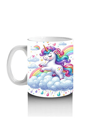Çocuklara Sütü Sevdiren Gökkuşağında Koşan Sevimli Unicorn Desenli Kupa Bardak