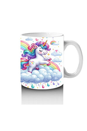 Çocuklara Sütü Sevdiren Gökkuşağında Koşan Sevimli Unicorn Desenli Kupa Bardak