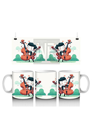 Çocuklara Sütü Sevdiren Viyolonsel Çalan Sevimli Müzisyen Desenli Kupa Bardak