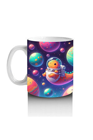 Çocuklara Sütü Sevdiren Astronot Dinozor ve Renkli Gezegenler Desenli Kupa Bardak