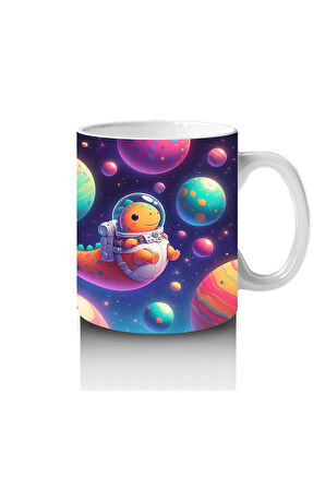Çocuklara Sütü Sevdiren Astronot Dinozor ve Renkli Gezegenler Desenli Kupa Bardak