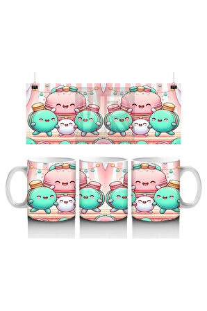 Çocuklara Sütü Sevdiren Neşeli Macaron Ailesi Desenli Kupa Bardak