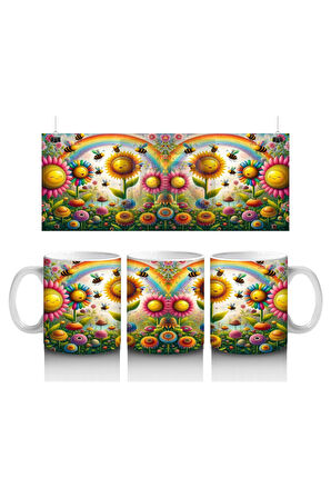 Çocuklara Sütü Sevdiren Gökkuşağı Altında Neşeli Çiçekler ve Arılar Desenli Kupa Bardak