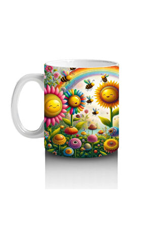 Çocuklara Sütü Sevdiren Gökkuşağı Altında Neşeli Çiçekler ve Arılar Desenli Kupa Bardak