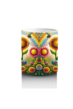 Çocuklara Sütü Sevdiren Gökkuşağı Altında Neşeli Çiçekler ve Arılar Desenli Kupa Bardak