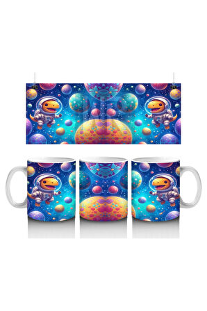 Çocuklara Sütü Sevdiren Renkli Gezegenler Arasında Yüzen Astronot Dinozor Desenli Kupa Bardak