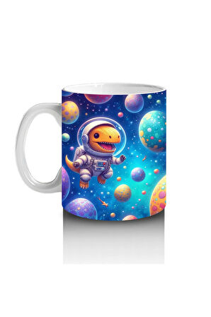 Çocuklara Sütü Sevdiren Renkli Gezegenler Arasında Yüzen Astronot Dinozor Desenli Kupa Bardak