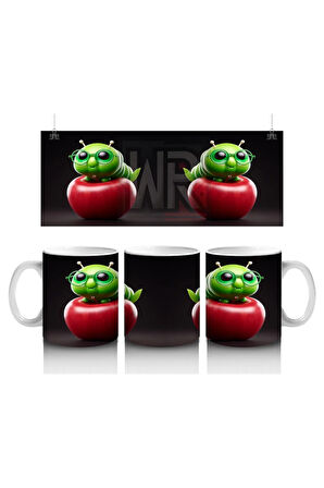 Çocuklara Sütü Sevdiren Gözlüklü Elma Kurdu Desenli Kupa Bardak