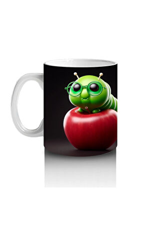 Çocuklara Sütü Sevdiren Gözlüklü Elma Kurdu Desenli Kupa Bardak