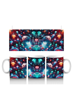 Çocuklara Sütü Sevdiren Işık Saçan Denizaltı Roketleri ve Denizanası Dünyası Desenli Kupa Bardak