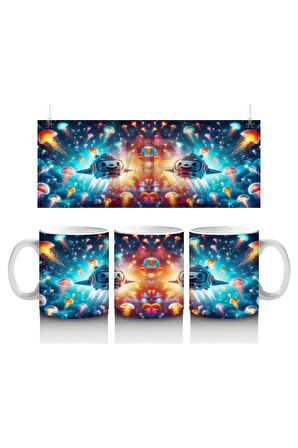 Çocuklara Sütü Sevdiren Denizaltı Roketleri ve Işık Saçan Denizanası Ormanı Desenli Kupa Bardak