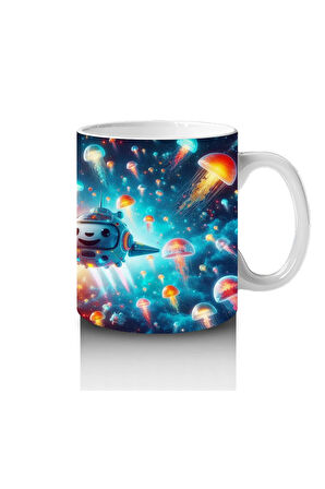 Çocuklara Sütü Sevdiren Denizaltı Roketleri ve Işık Saçan Denizanası Ormanı Desenli Kupa Bardak